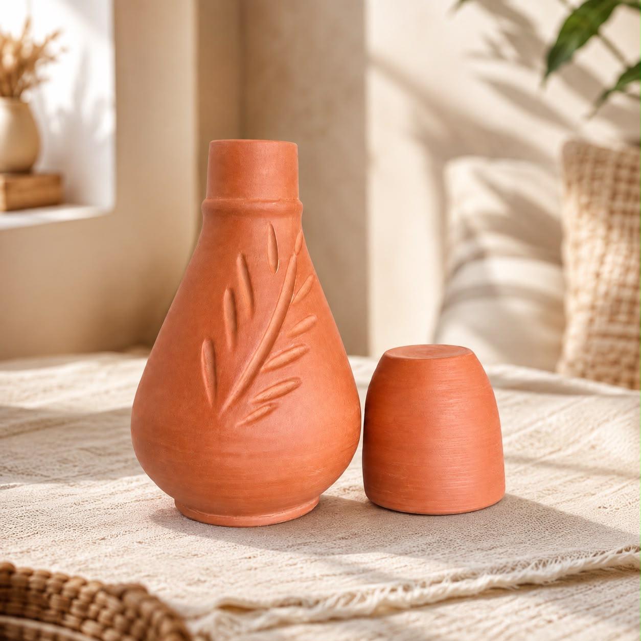 2-Piece Terracotta Vase & Plant Pot Set – Leaf Design
